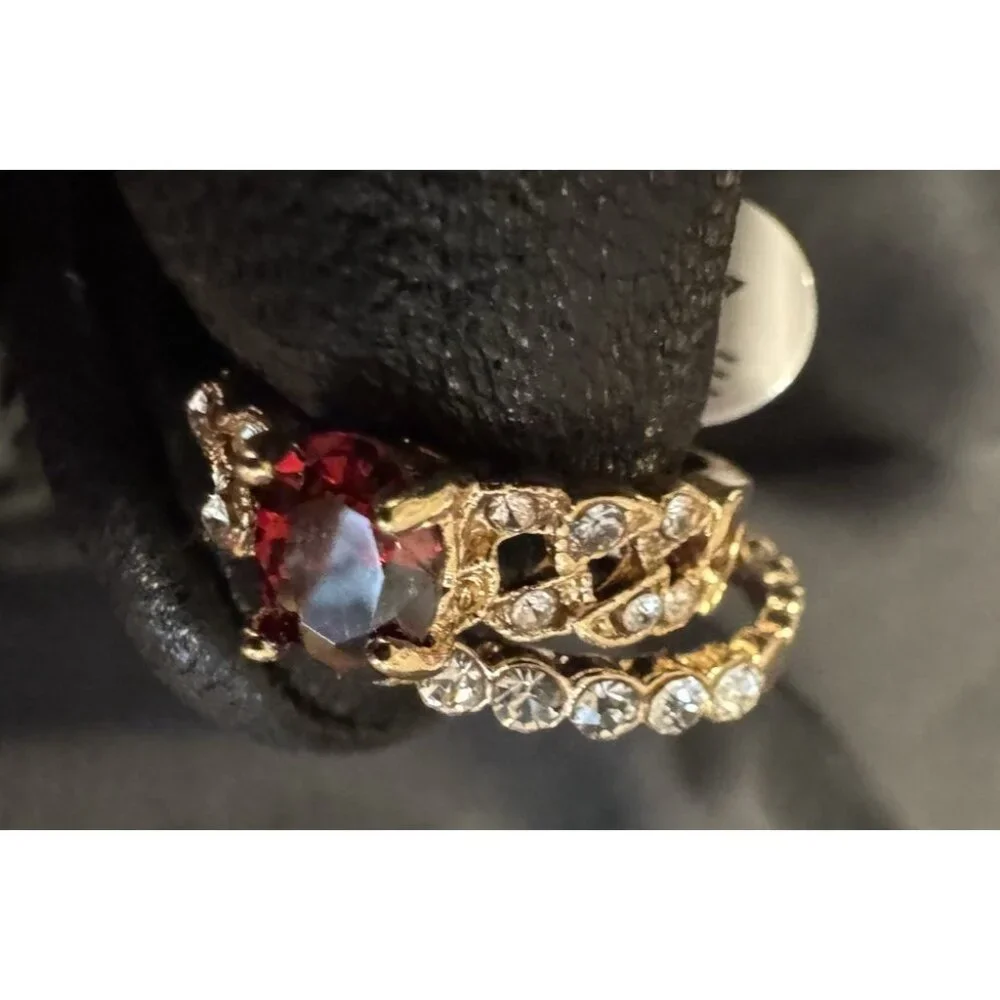 NEW Fashion CZ Moissanite Ruby 2 PC Stackable Ring Goldtone Women 18 US 8
